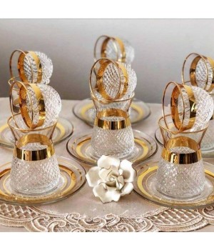 Custom Light Luxury Thin Waist Coated Golden Turkish Tea Cups Set Espresso Cawa Coffee Glass Cups for 6 Person