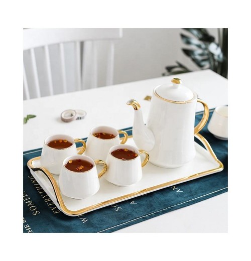 European tea Coffee Cup Teapot With Tray 8 Pieces White Black Gold Handle Ceramic tea set European tea Coffee Cup Teapot With Tray 8 Pieces White Black Gold Handle Ceramic tea set