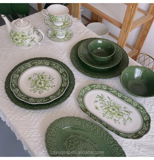 Luxury Classic French Retro Dark Green Porcelain Charger Creative Round Dinnerware Set Weddings Includes Dish Coffee Cup Teapot Luxury Classic French Retro Dark Green Porcelain Charger Creative Round Dinnerware Set Weddings Includes Dish Coffee Cup Teapot
