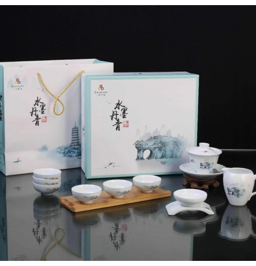 New Chinese Style 10 Piece Set of Water Ink and Green Three Talents Gaiwan Set for Kungfu Tea Ceramic Teacup Set New Chinese Style 10 Piece Set of Water Ink and Green Three Talents Gaiwan Set for Kungfu Tea Ceramic Teacup Set