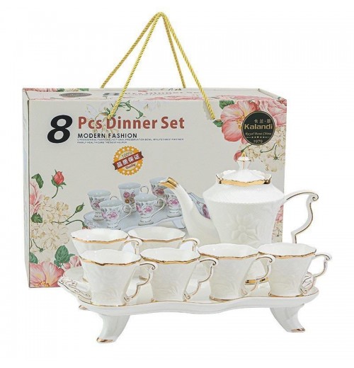 Luxury European Style White Color 8pcs Porcelain Coffee Tea Set With Gold Plated Ceramic Tea Pot and Cup Set Luxury European Style White Color 8pcs Porcelain Coffee Tea Set With Gold Plated Ceramic Tea Pot and Cup Set