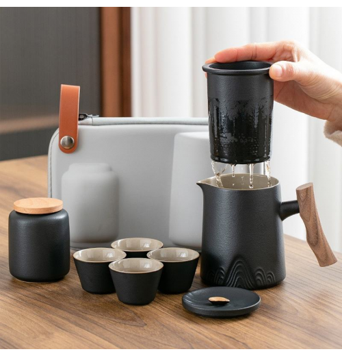 Zhou Travel Tea Set With Ceramic Camellia Leaf Jar And Four Cups Portable Outdoor Camping Style Treasure Good For Goods Zhou Travel Tea Set With Ceramic Camellia Leaf Jar And Four Cups Portable Outdoor Camping Style Treasure Good For Goods