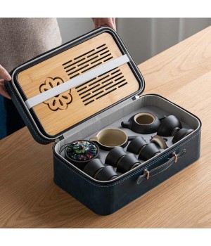 Portable All in One Gift Bag Outdoor Travel Ceramic Tea Set Porcelain Teapot with Bamboo Tea Tray